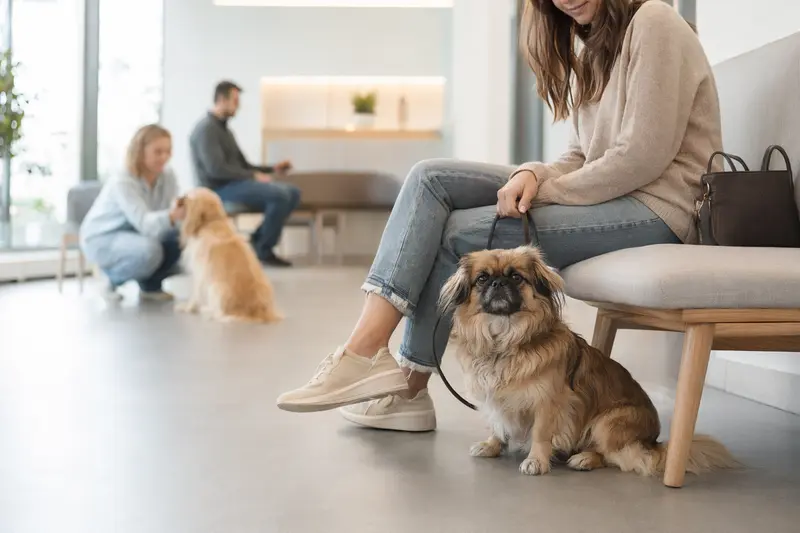 Ein Pekinese sitzt ruhig neben seinem Besitzer im hellen Wartezimmer einer modernen Tierarztpraxis.